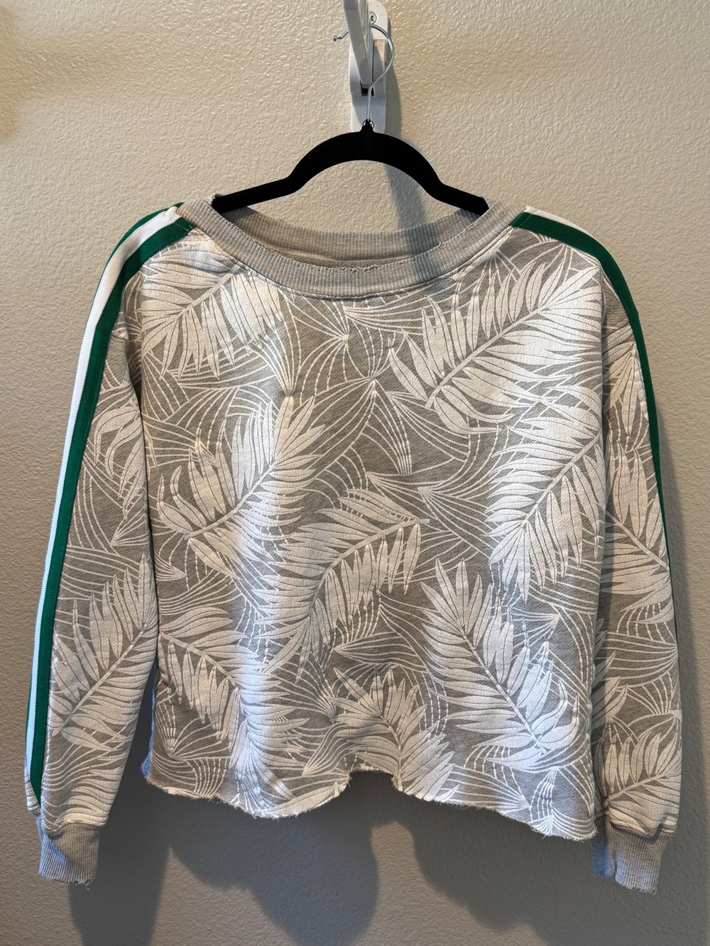 Current/Elliott Gray Leaf-Print Sweatshirt with Green Shoulder Stripes
